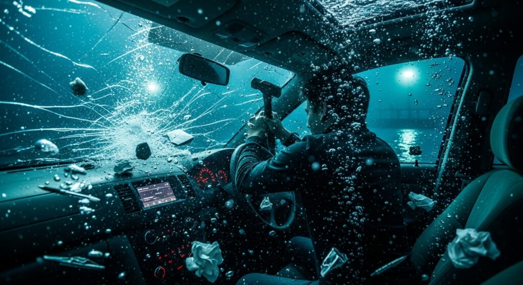 海に沈んだ車の中で、運転者が脱出用ハンマーでフロントガラスを割ろうとしている。気泡と破片が水中に舞っている。