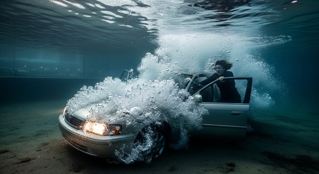 海に沈んだ車から脱出しようとする運転者。ドアを押し開け、水しぶきと泡が舞い上がっている。