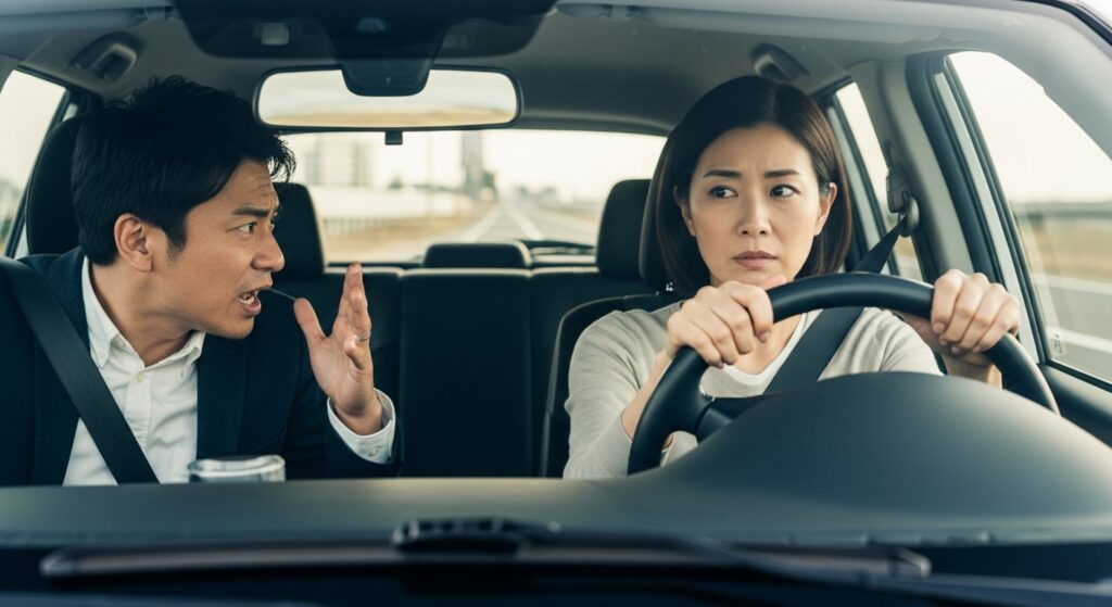 運転中、助手席の男性に強く指摘されて緊張する女性ドライバーの様子。同乗者からのプレッシャーが運転不安を高める場面。