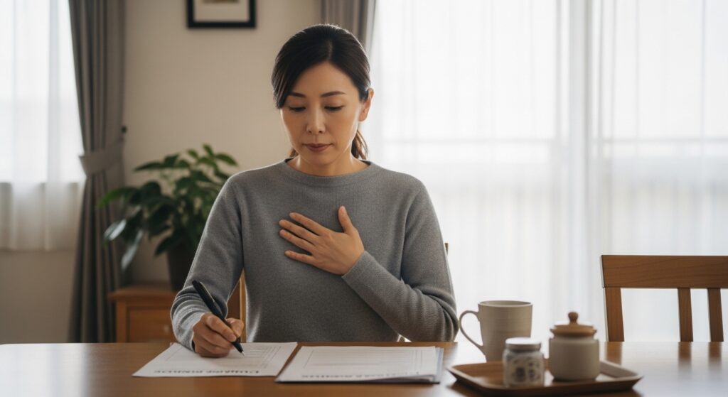 自宅のテーブルで胸に手を当てながら、運転に関するチェックリストを書き込んで気持ちを落ち着かせている女性の様子。
