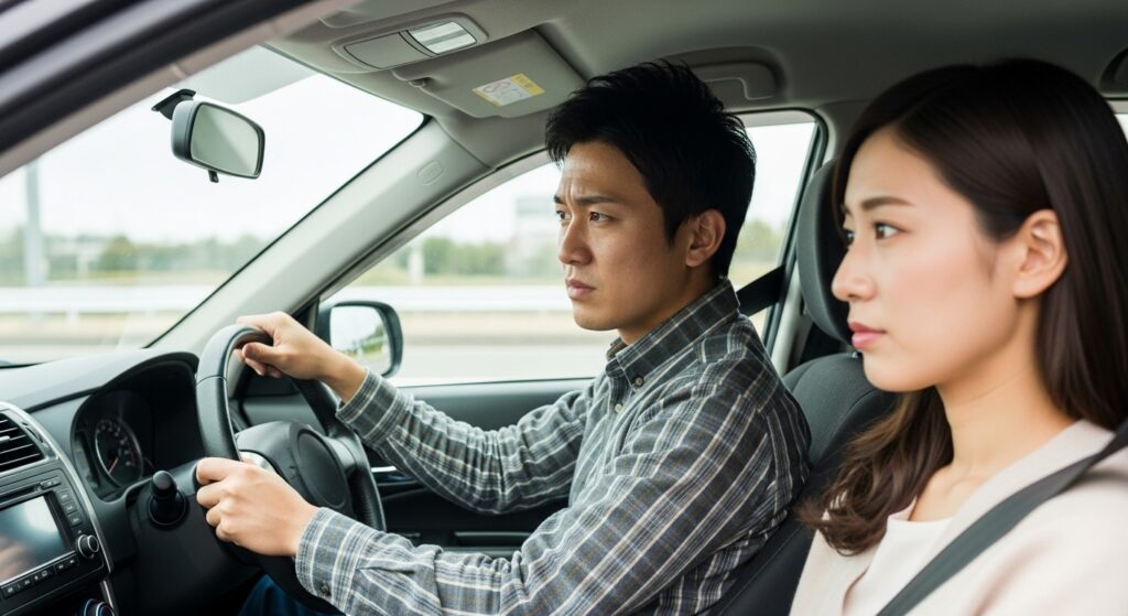 険しい表情で運転する男性と、静かに同乗する女性。雑さやイライラが伝わる運転態度が、恋愛における大きな減点ポイントになる場面を示すシーン。