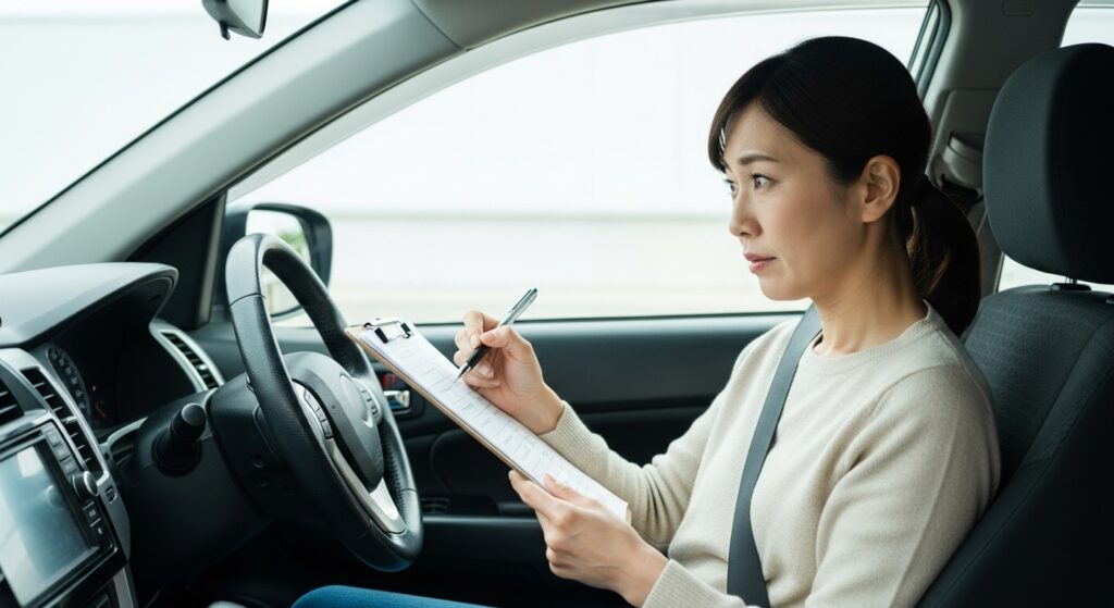 車内でクリップボードのチェックリストを見ながら、自分の運転状態を確認している女性ドライバーの様子。