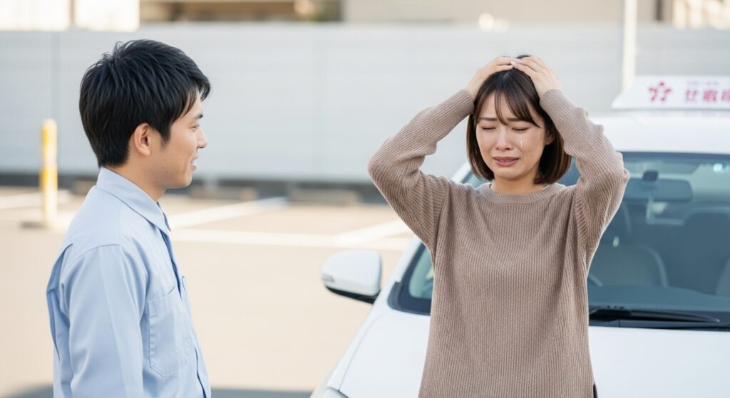 運転への強い不安で涙を流す女性と、落ち着いて声をかける指導員の様子。安心できる環境づくりの重要性を示すシーン。