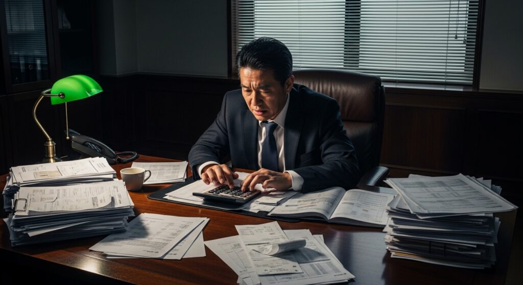 書類に囲まれた日本人男性の経営者が、オフィスで電卓を使い必死に計算している様子。経営に苦しむビジネスシーン。