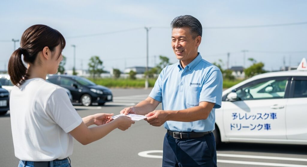 駐車場で男性インストラクターが女性受講者に回数券のようなチケットを手渡している様子。教習車が停まっている。