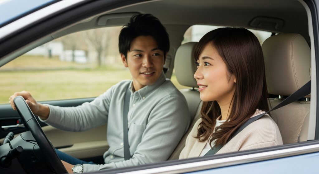 穏やかな表情で女性と会話しながら丁寧に運転する日本人男性。車内の落ち着いた空気と気遣いのある運転が、安心感と好印象につながるシーン。