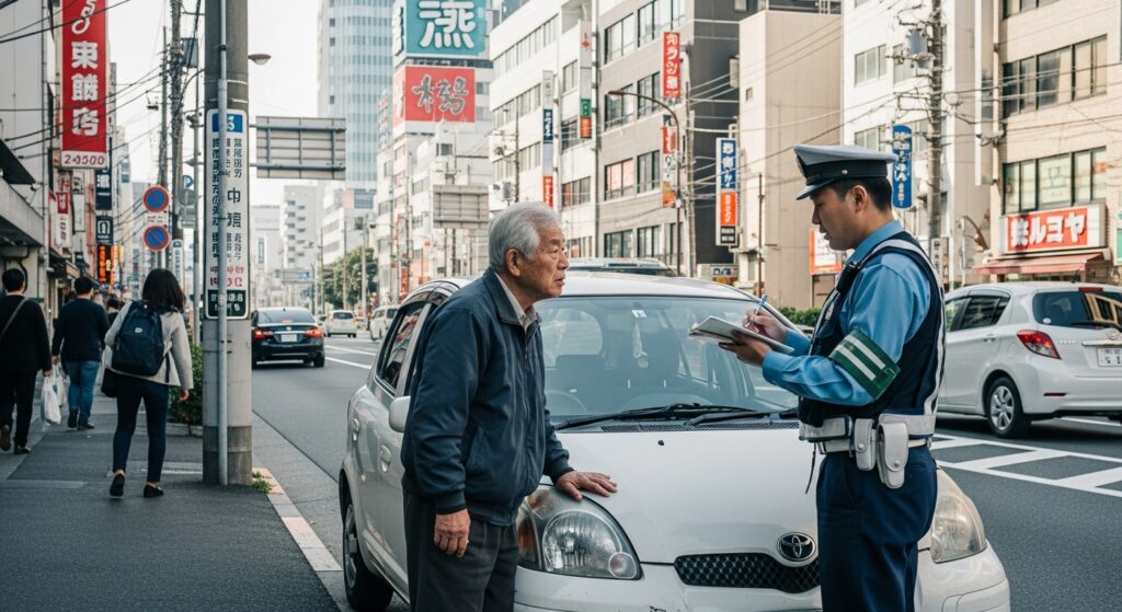 「警察官が高齢ドライバーに事情を聴取している場面。都市部の道路で、停車した車の前で高齢者が説明を受けている様子。」