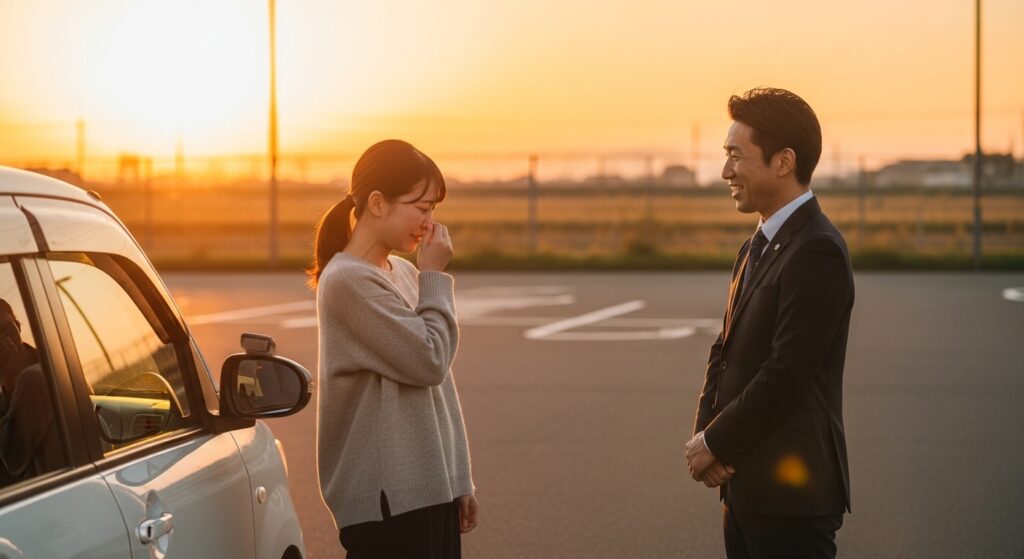 夕日の中で、女性がインストラクターの励ましの言葉に涙ぐんでいるペーパードライバー講習の様子。