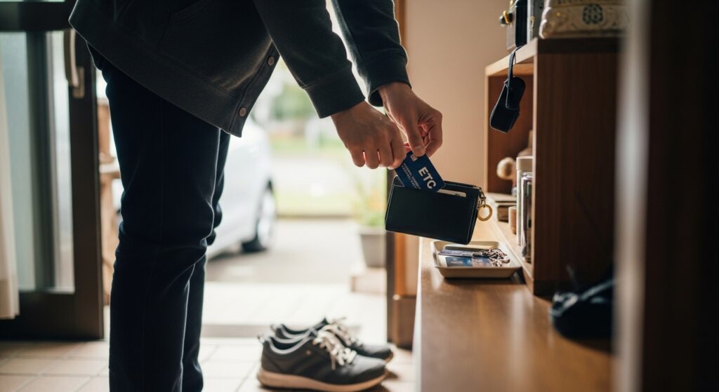 自宅の玄関で、出発前にETCカードを財布へ入れて準備している人の様子。靴箱と外に停めた車が見える。