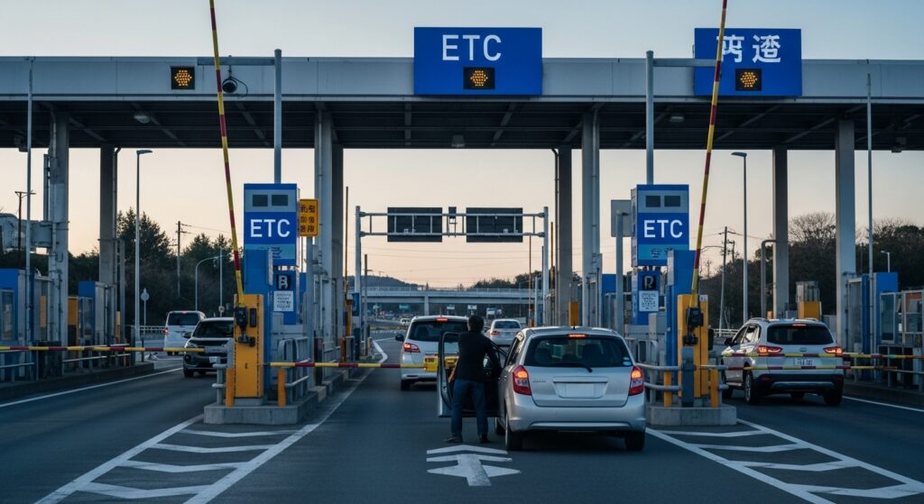 ”ETC専用レーンで車が停止し、係員が対応している様子。運転者がETCカードの入れ忘れに気づいたシーン。”