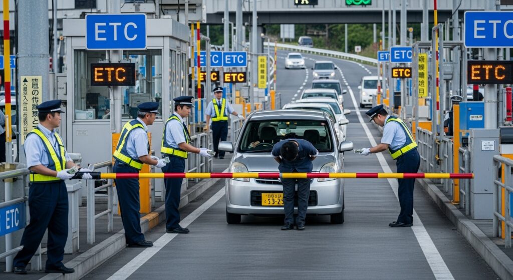 ETCカード未挿入のままETCレーンで停車し、複数の係員がバーの前で対応している車両の様子。
