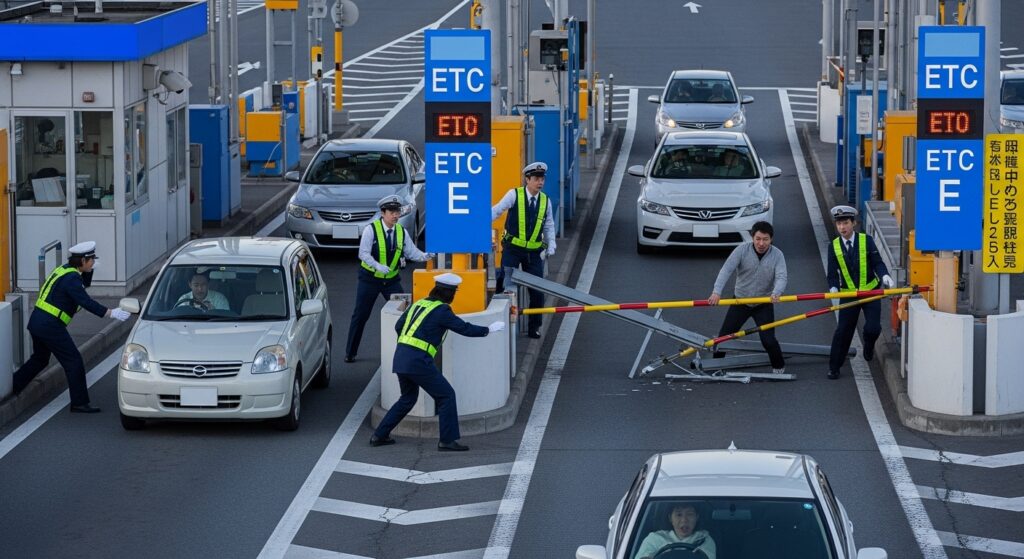 ETCカード未挿入のままETCレーンに進入し、ゲートが開かずバーが破損。複数の係員が緊急対応している様子。