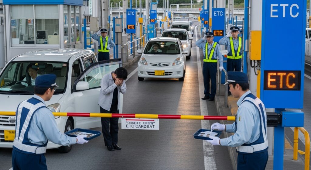 ETCカード未挿入のままETCレーンで停車し、係員が現金対応のためトレーを持って車両に向かっている様子。運転者が頭を抱えている場面。
