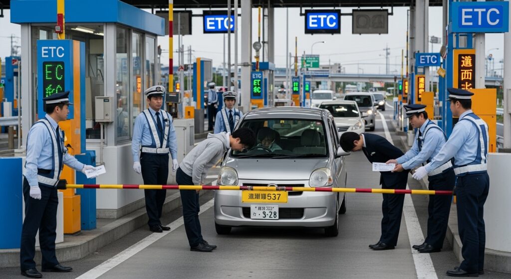 ETCカード未挿入のままETCレーンで停車し、係員が車両に対応している様子。運転者が振込用紙を受け取っている場面。