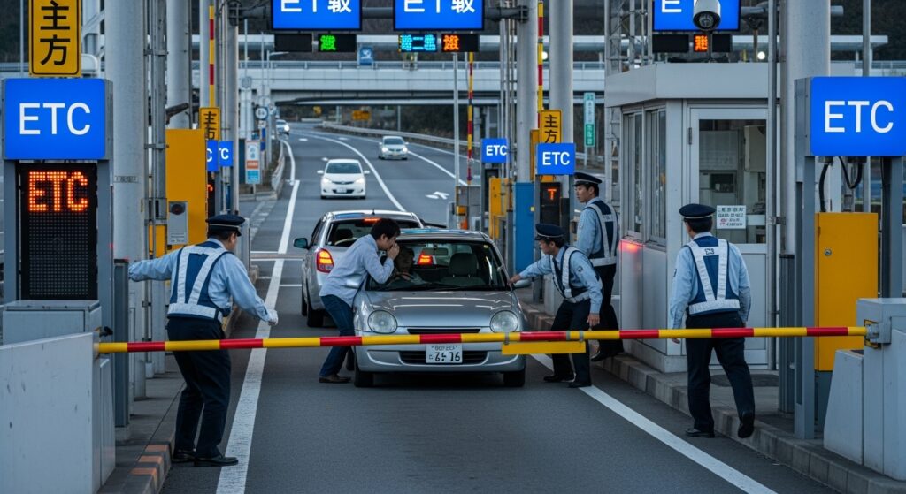 ETCカードを挿さずにETCレーンへ進入し、ゲート前で停止した車に複数の係員が対応している場面。