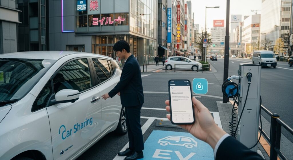 「都市部のEVカーシェアで、利用者がスマートフォンを使って車を解錠している場面。充電スタンドが併設された専用スペースで車に乗り込む様子。」