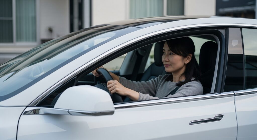 自宅前でEV車の運転席に座り、落ち着いた表情でハンドルを握る女性。車種による視界の違いを示すシーン。