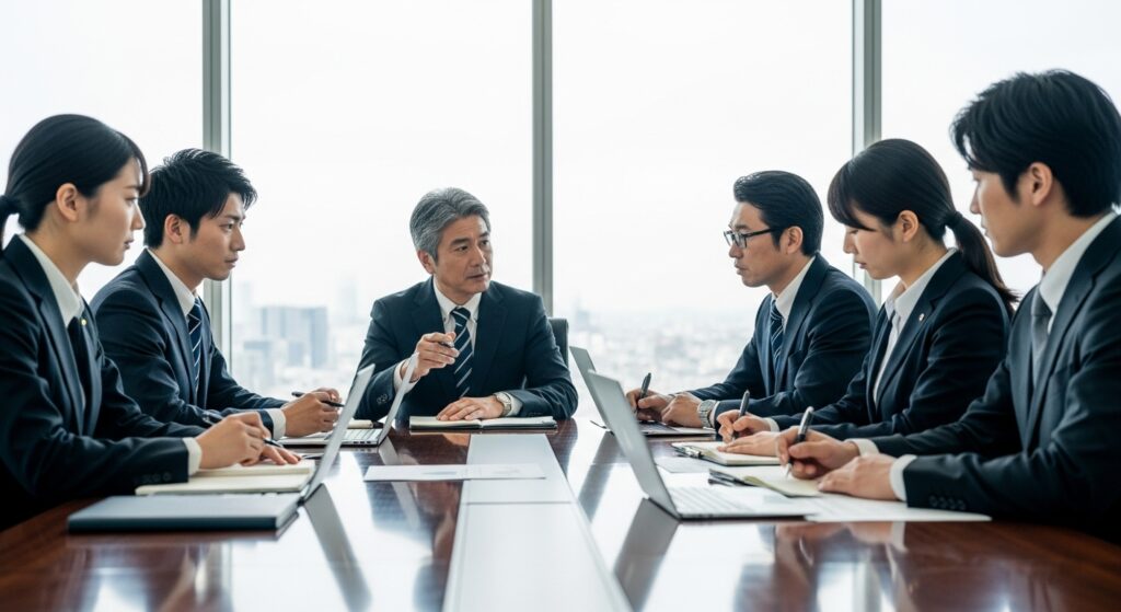 スーツ姿の日本人ビジネスパーソンが会議室で議論している様子。会議テーブルを囲み、真剣に話し合う重役会議のシーン。