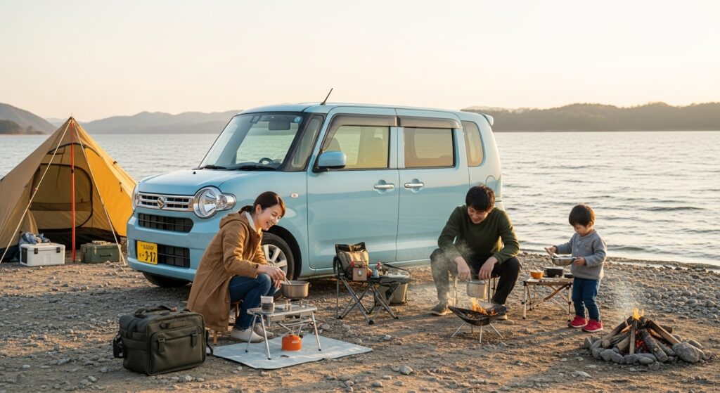 湖畔で軽自動車を横に、家族がキャンプを楽しむ様子。夕暮れの光の中、火を囲みながら笑顔で食事を作る姿が、穏やかな幸せを感じさせる。