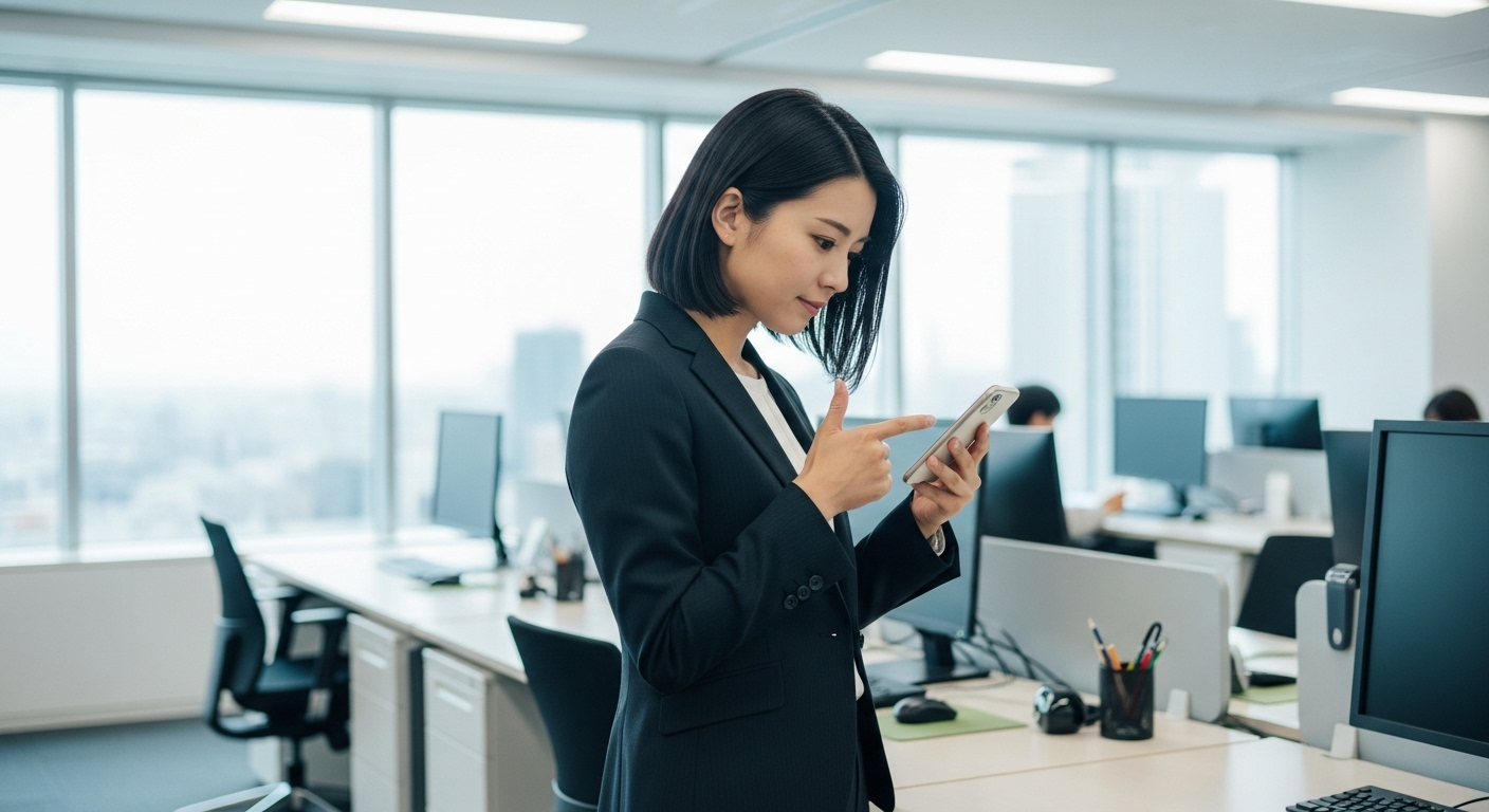 オフィスでスマホを見つめる女性社員。営業車の運転を任され、戸惑いながらも対応方法を確認している。