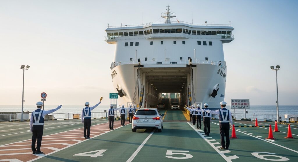 フェリー乗り場で、誘導員の指示に沿ってゆっくりと車が乗船している様子。初めてでも安心できる乗り込み手順がわかるシーン。
