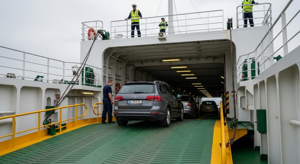 フェリーのスロープから船内へ車が誘導されている様子。狭く見える通路でも誘導員のサポートで安心して進める場面。