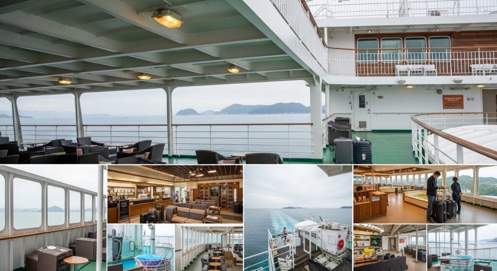 フェリー船内のラウンジやデッキスペースをまとめたコラージュ。快適な設備が揃い、乗船前の準備の重要性が伝わる構成。