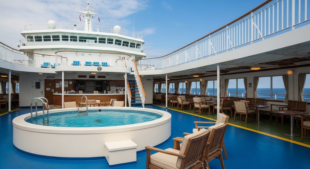フェリー船内のデッキにあるプールとラウンジスペース。広々とした“動くホテル”のような快適な空間が写っている。