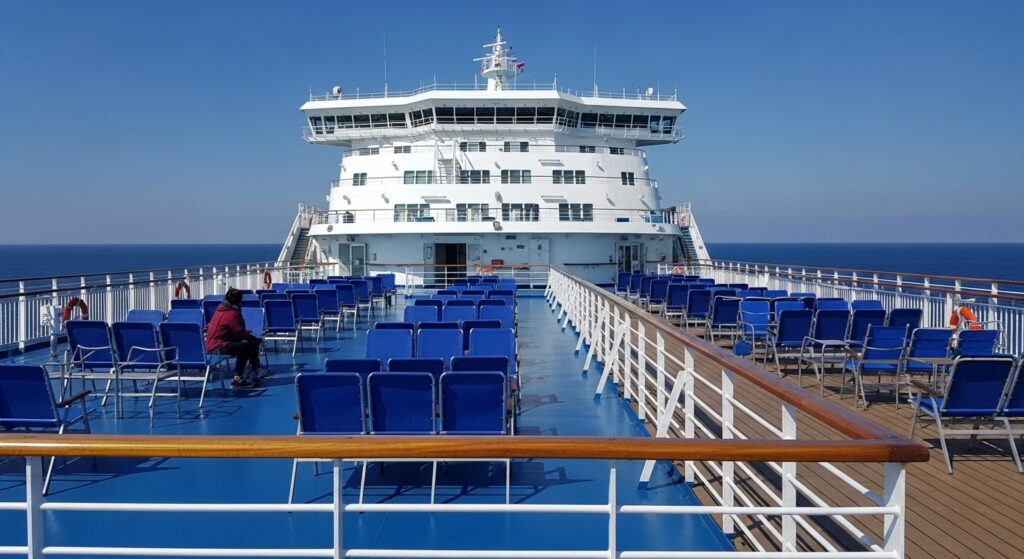 フェリーの展望デッキに並ぶ青いチェアと、青空と海が広がる景色。乗客がゆったりと海風を感じながら過ごしている様子。