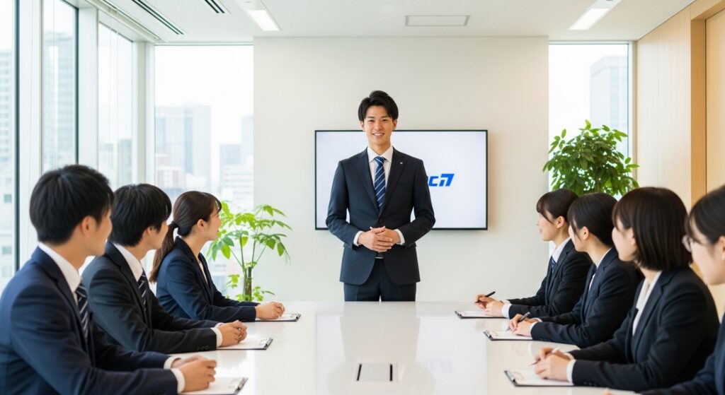 A young Japanese employee giving a self-introduction during a morning meeting on his first day at a new company, speaking in front of colleagues in a bright office.
