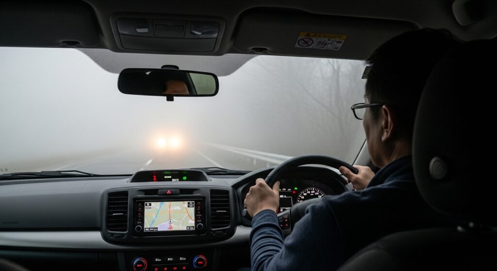 濃霧の山道で日本人男性が車を運転している様子。前方にはライトをつけた対向車が霧の中にかすんで見える。