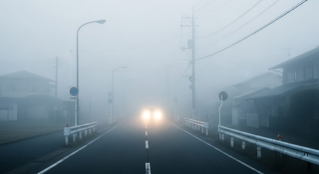 濃霧の住宅街の道路を、ロービームのヘッドライトをつけた車が走ってくる様子。視界が白くかすみ、周囲の家屋や電柱が霧に包まれている。