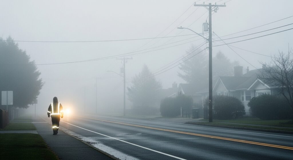 濃霧の住宅街で反射材付きの服を着た歩行者が道路沿いを歩いている様子。前方は霧で視界が悪く、家屋や電柱がかすんで見える。