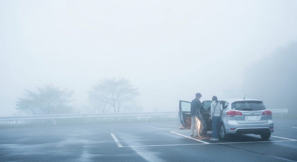 濃霧の山間の駐車場で、停車した車のそばに立つ2人の様子。車のドアが開き、周囲は霧で視界が悪い状況。