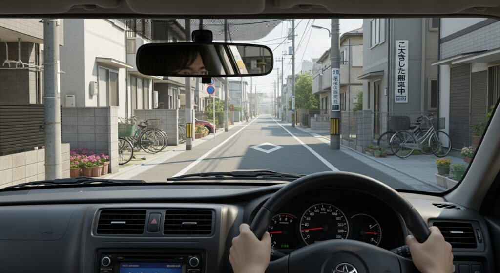 日本の住宅街を走行する車内視点。狭い生活道路を慎重に運転し、歩行者や自転車などの潜在的な危険を予測しているシーン。