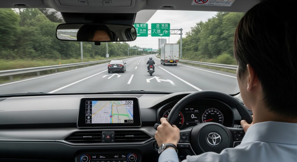 日本の高速道路を走行する車内からの視点。前方にバイクとトラックが見え、運転者が安全な車間距離を保ちながら走行している危険予測運転シーン。