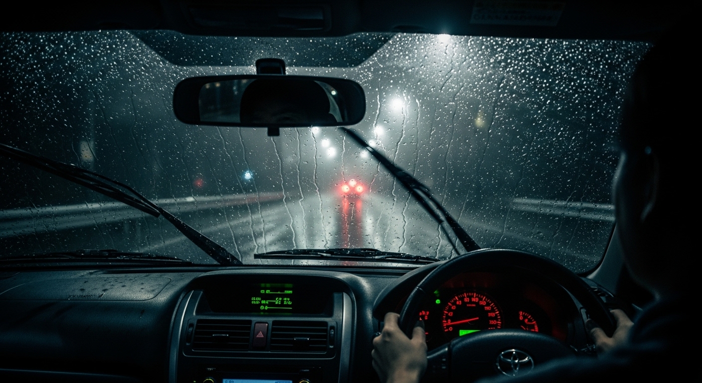 夜の雨の中を走行する車の車内視点。ワイパー越しにぼやけた前方のライトが見える、視界不良時の危険予測運転を表すシーン。