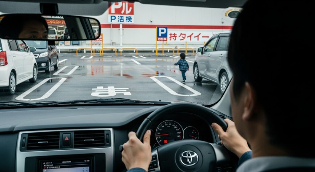 スーパーの駐車場で、車の前方に子どもが突然飛び出してくるシーン。運転席から見た危険予測の重要性を示す瞬間。