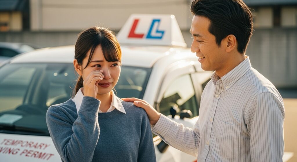 教習車の前で、男性インストラクターが涙ぐむ女性受講者を励ましている様子。安心感のある指導シーン。