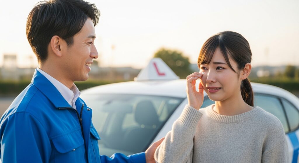 教習車の前で、男性インストラクターが涙ぐむ女性を励ましている場面。安心感のある温かい指導シーン。