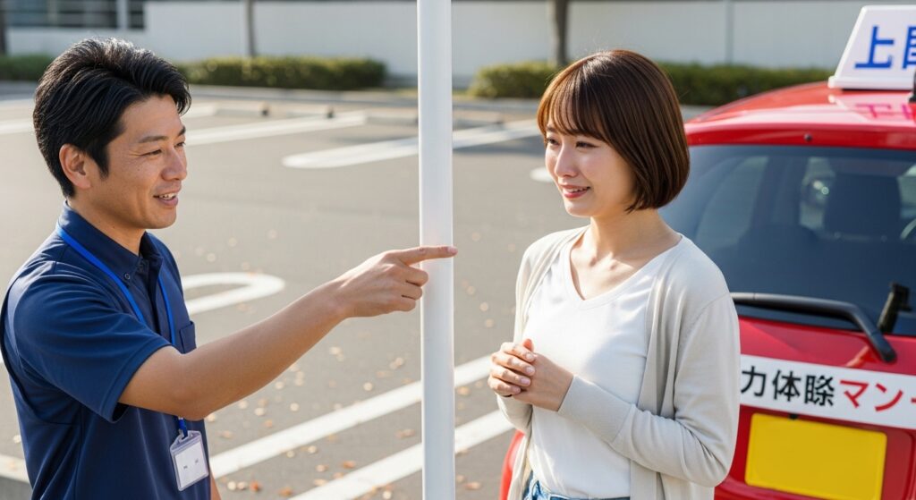 駐車場で男性インストラクターが女性受講者に指導をしている様子。教習車が後ろに停まっている。