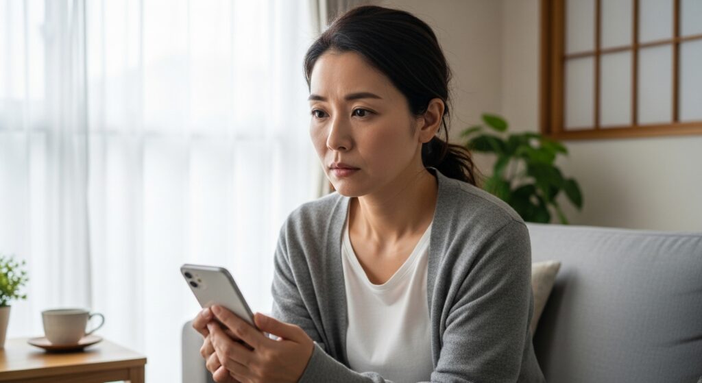 ペーパードライバー講習を検索しながら、スマホを見つめて思い悩む女性の様子