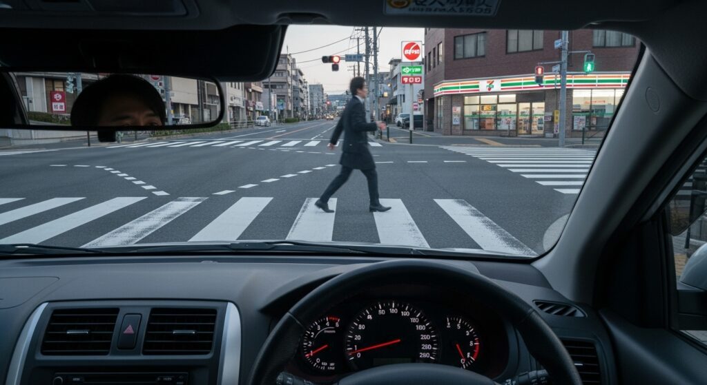 日本の交差点で、信号が青に変わった直後に歩行者が横断するシーン。運転中の危険予測の重要性を示すリアルな視点。