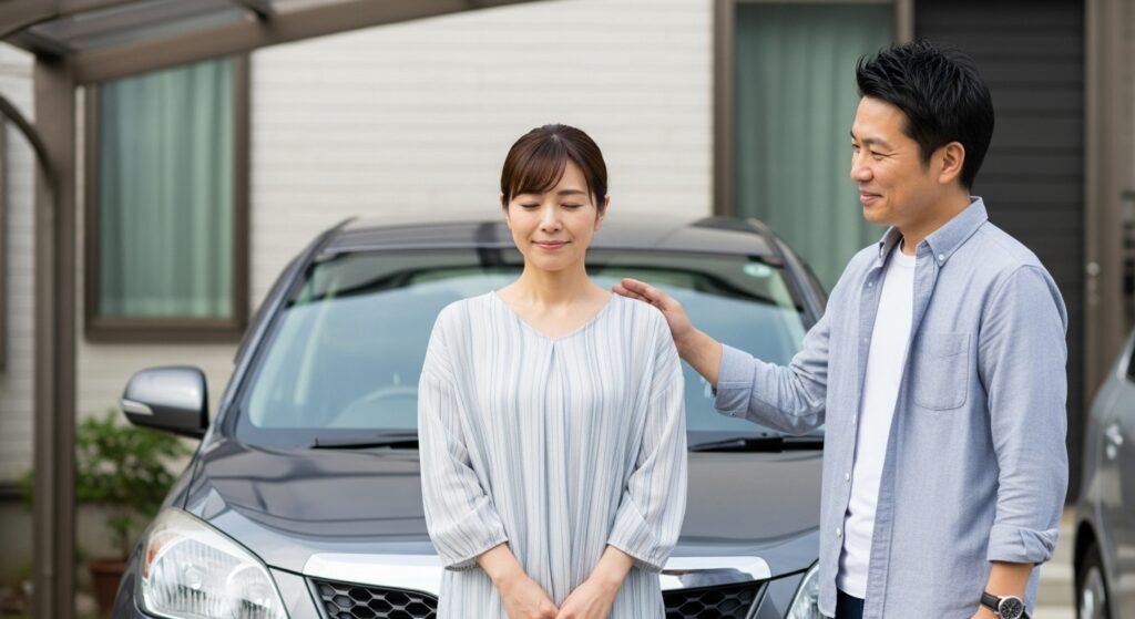 自宅前で男性に優しく励まされ、安心した表情を浮かべる女性の様子。運転練習における同乗者との関係性の重要性を表現したシーン。