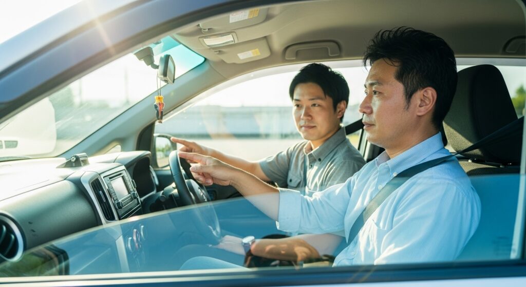 車内で男性受講生がインストラクターから進行方向を指示されながら運転指導を受けている様子。