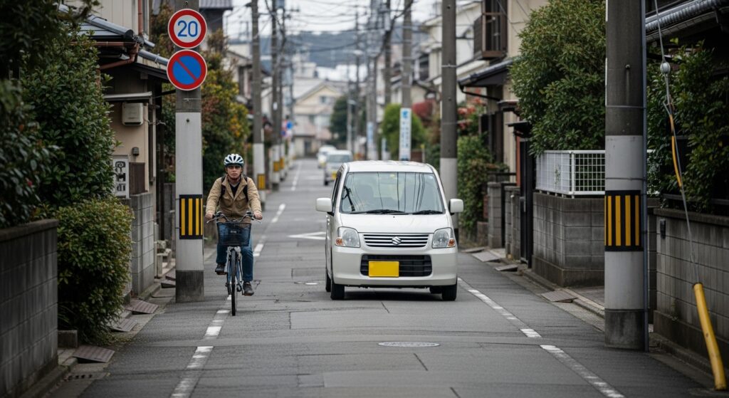 「生活道路で自転車と軽自動車がすれ違う場面。20km制限の標識がある狭い住宅街の道路を走行している様子。」
