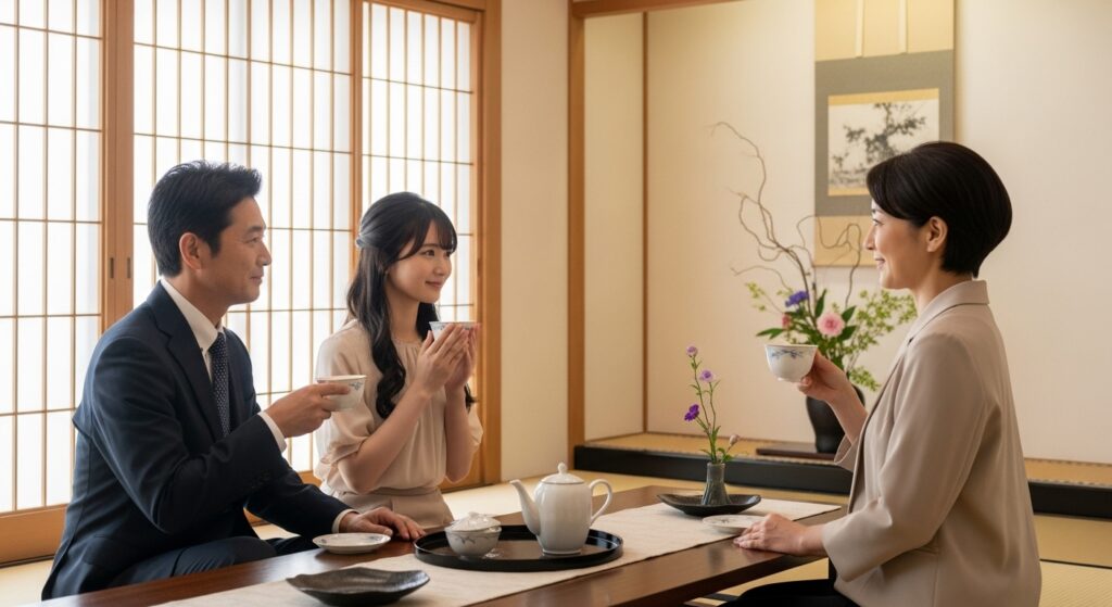 「和室で日本人の両親と娘が落ち着いてお茶を楽しんでいる様子」