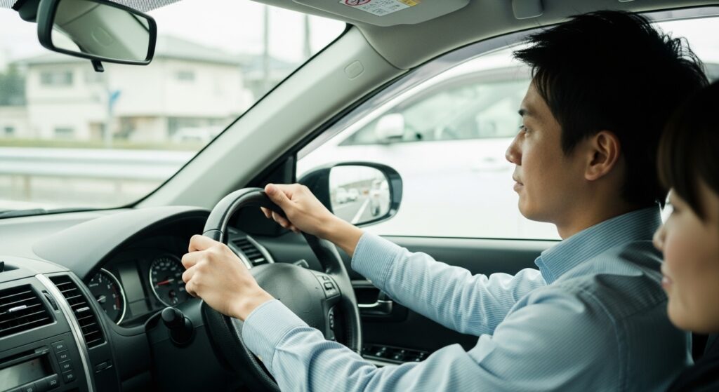 静かで滑らかな操作で車を運転する日本人男性と、安心して同乗する女性。発進や停止が丁寧で、横揺れの少ない“本当に上手い運転”を体現しているシーン。