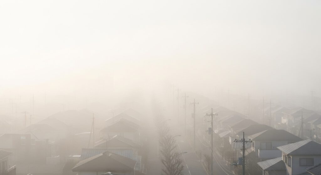 濃霧に包まれた関東郊外の住宅街の朝景。電柱や家屋が霧でかすんで見え、視界がほとんどない状態を示す写真。