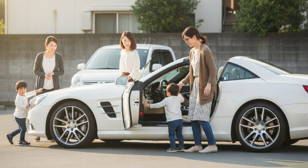 朝の保育園送迎シーン。白いベンツで子どもを降ろす母親と、それを見守るママ友たち。